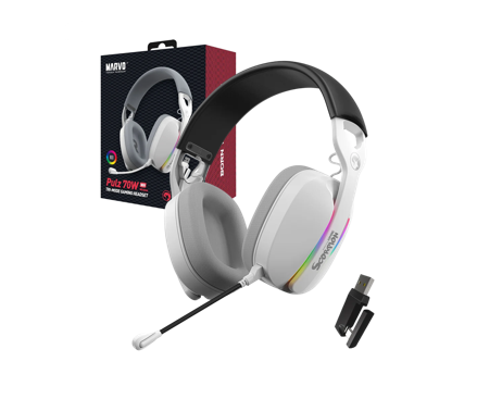 AUDIFONOS INALAMBRICOS MARVO PULZ 70W WH / TRI-MODE / BT5.3 & 2.4GHZ & JACK3.5MM / LED RGB / MICROFONO DESMONTABLE / WHITE