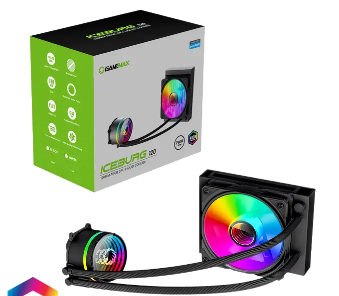 SISTEMA DE ENFRIAMIENTO LÍQUIDO GAMEMAX ICEBERG 120 RGB 1 VENTILADOR / 4 PINES ARGB+ 3PINES 12V ASUS AURA SYNC / MSI MYSTIC SYNC RGB / BLACK