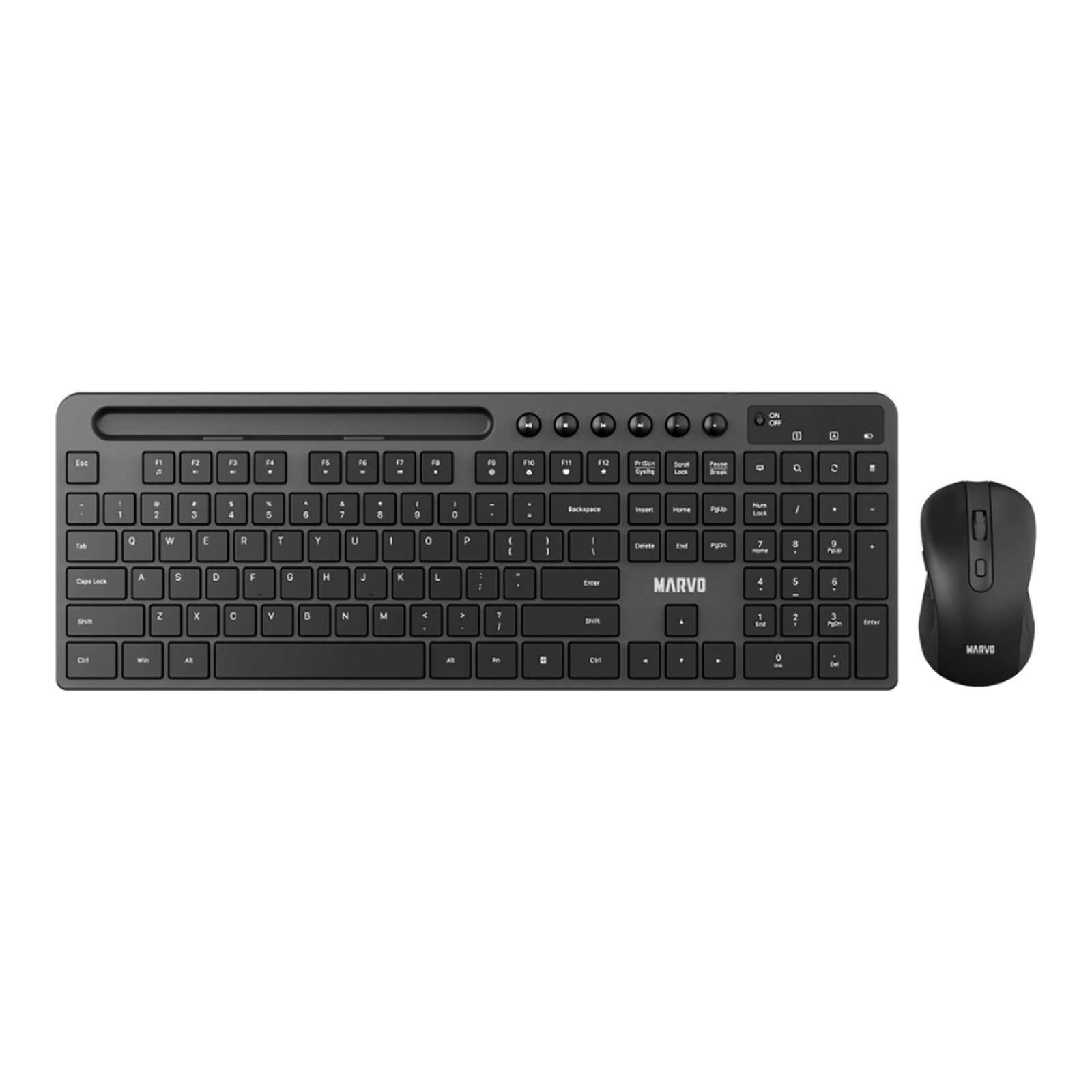 COMBO MARVO TECLADO + MOUSE KC411W SP BK INALAMBRICO ERGONOMICO MEMBRANA SOPORTE CELULAR O TABLET 9.84″, DPI 800 1200 1600 6 BOTONES BLACK