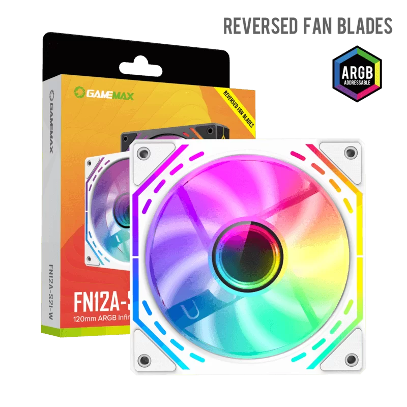 VENTILADOR GAMEMAX PARA PC FN12A-S2I-RW 120MM RGB RAINBOW INFINITO 24 LEDs (16 ANILLO, 8 CENTRAL) ASPA INVERTIDA 5V3PIN (M/F) 4PIN PWM (M/F)