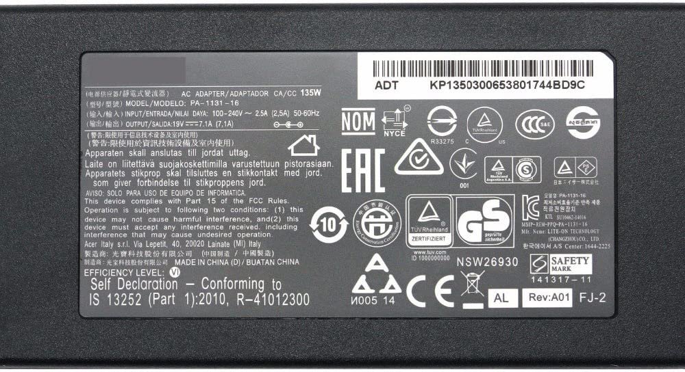 CARGADOR ACER 135W / 19V-7.1A PLUG 5.5*1.7 - Imagen 2