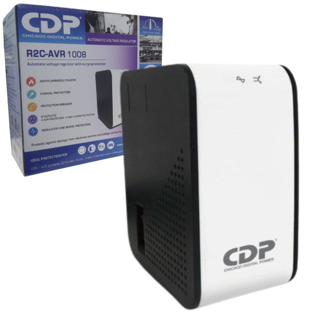 REGULADOR DE VOLTAJE CON PROTECCION CONTRA SOBRETENSIONES CDP 8 TOMACORRIENTES / 1000VA – 500W / R2C-AVR 1008 / BLACK