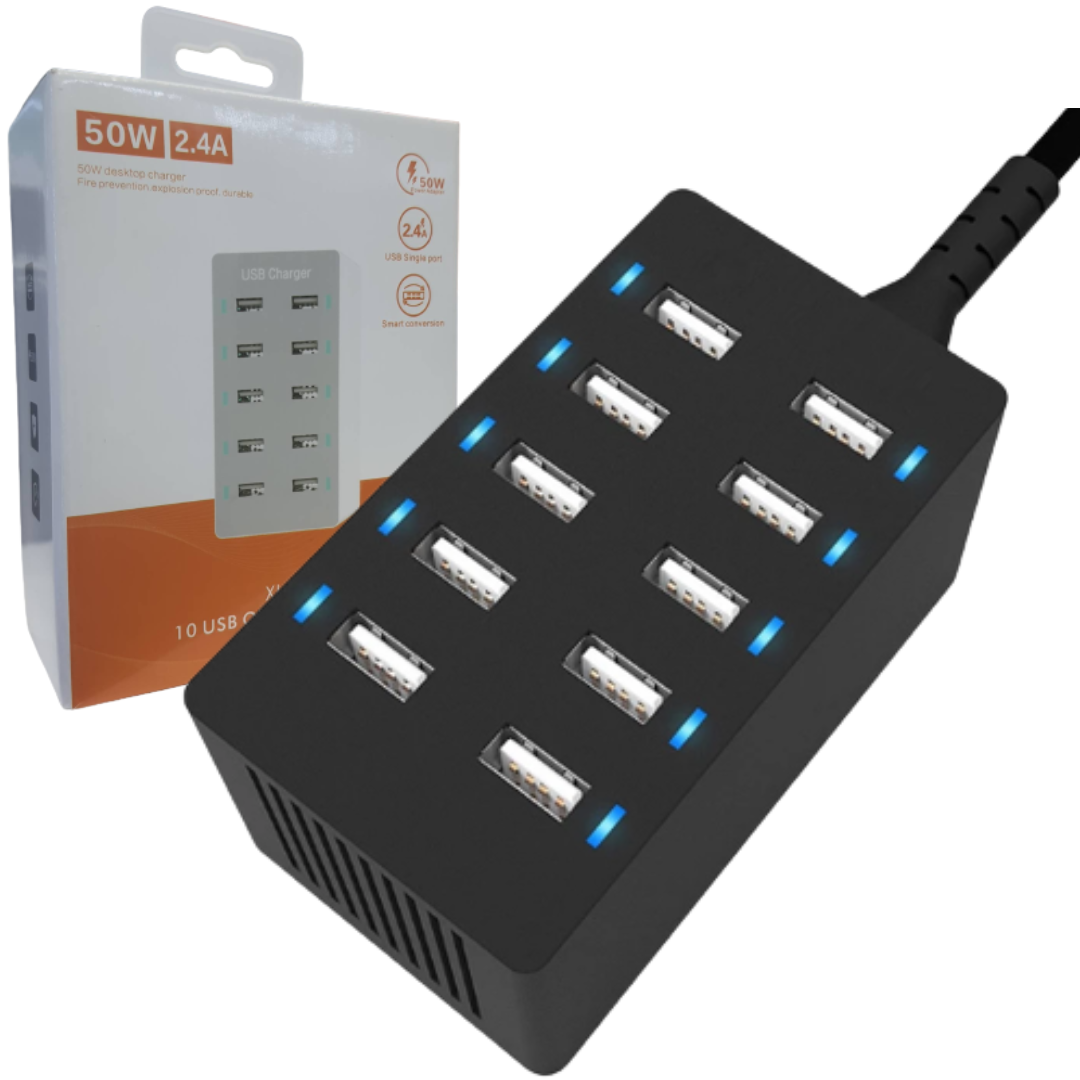 ADAPTADOR DE CORRIENTE DE ESTACION DE CARGA USB / 10 PUERTOS / 2.4A – 50W / XL-A9 / BLACK