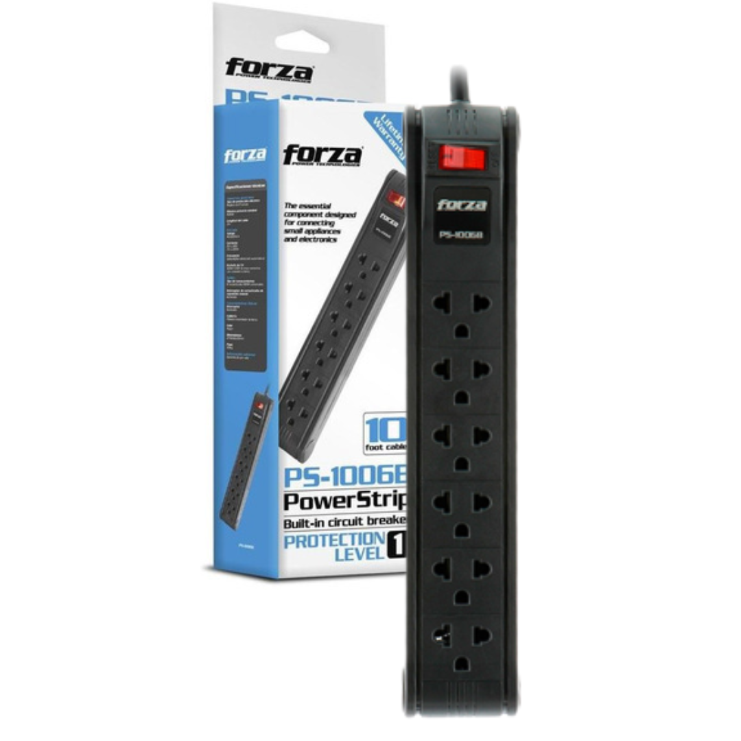 REGLETA DE PROTECCION ELECTRICA POWERSTRIP FORZA 6 TOMACORRIENTES / 220V-1680W / PS-1006B / BLACK