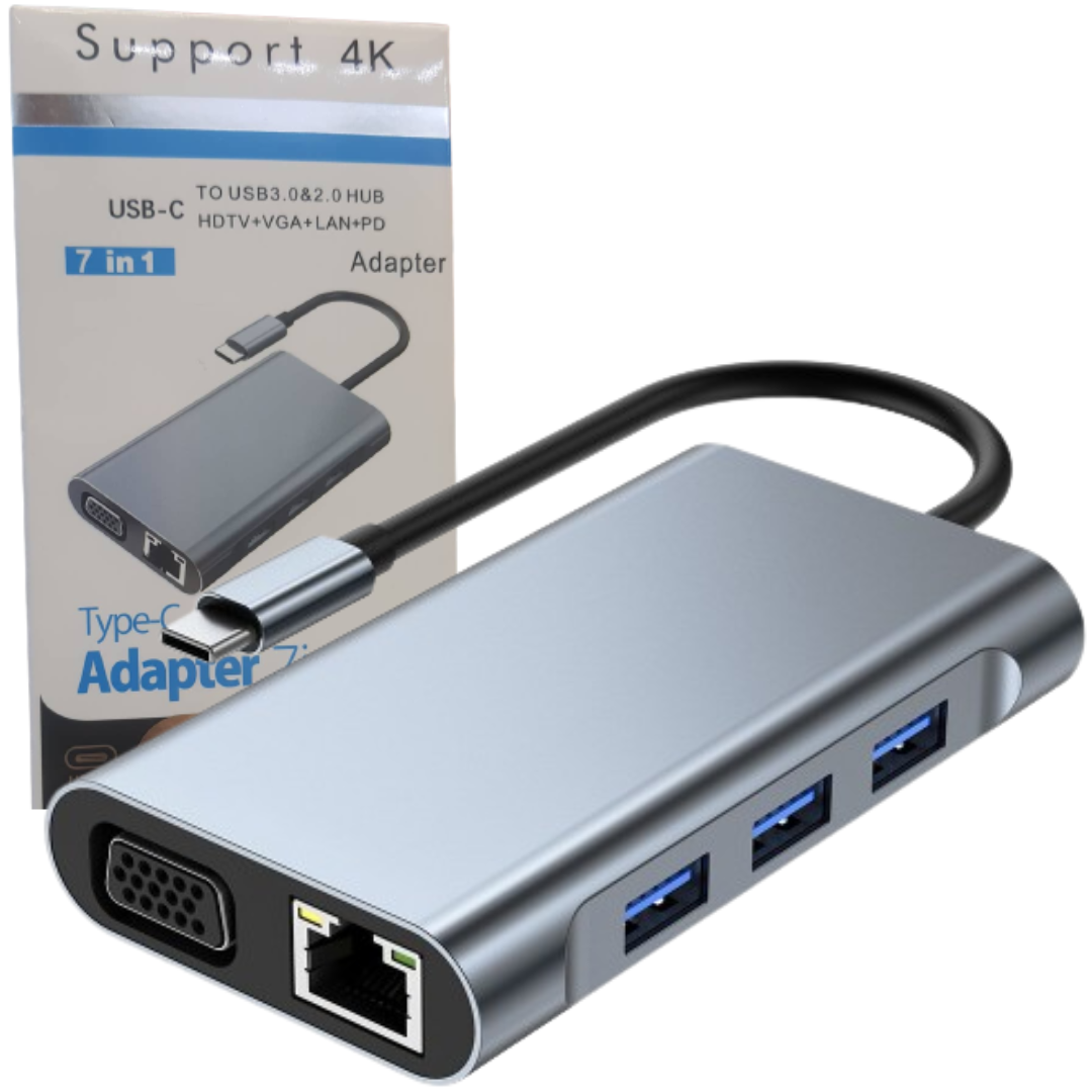 HUB USB-C BYL-2111 / 7 EN 1 3xUSB 3.0 – 1xRJ45 – 1xVGA – 1xHDMI 4K – 1xUSB-C / SILVER