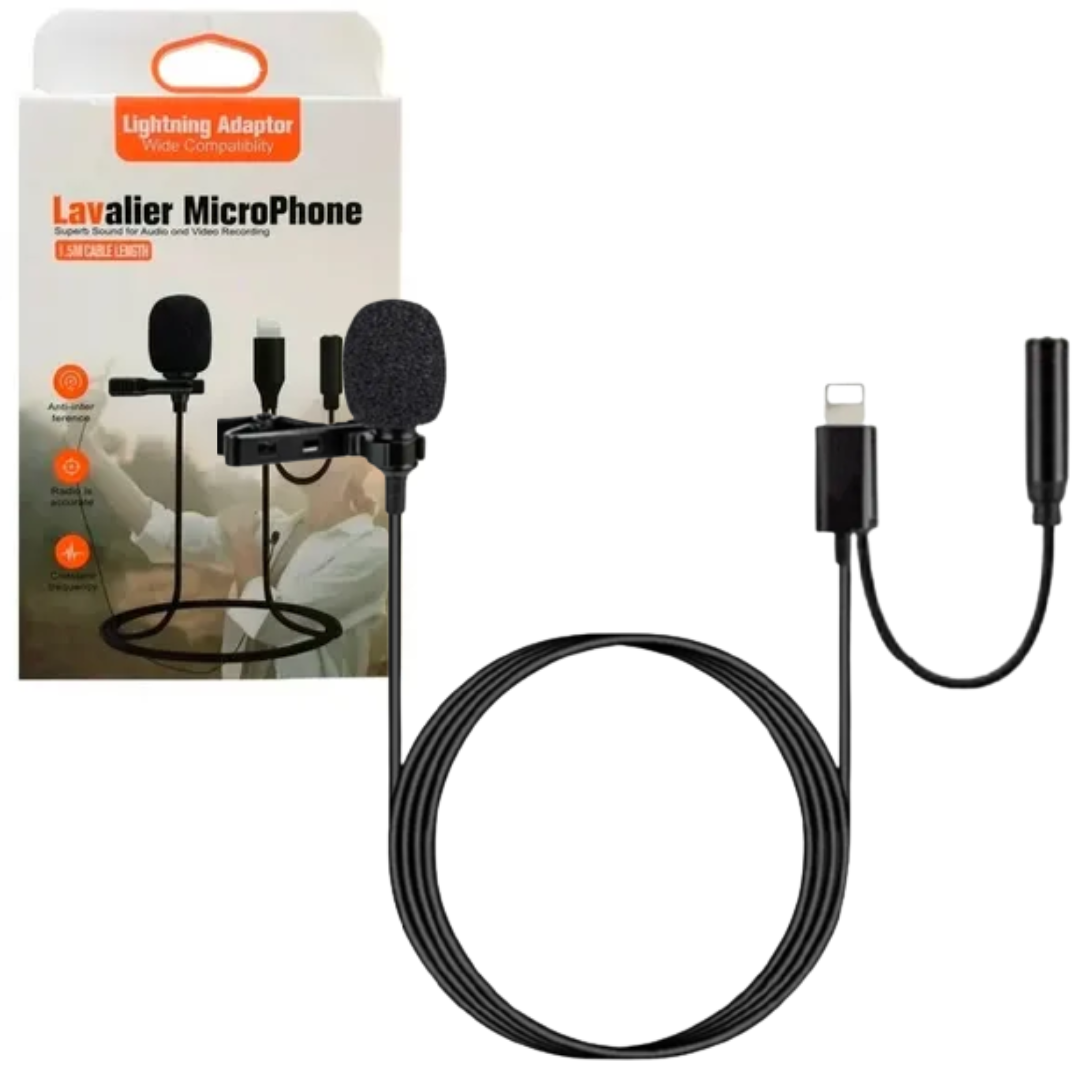 MICROFONO DE SOLAPA LAVALIER APPLE LIGHTNING Y ENTRADA JACK 3.5 PARA ACOPLAR AUDIFONOS ALAMBRICO / 1.5M / HSX-M06 / BLACK