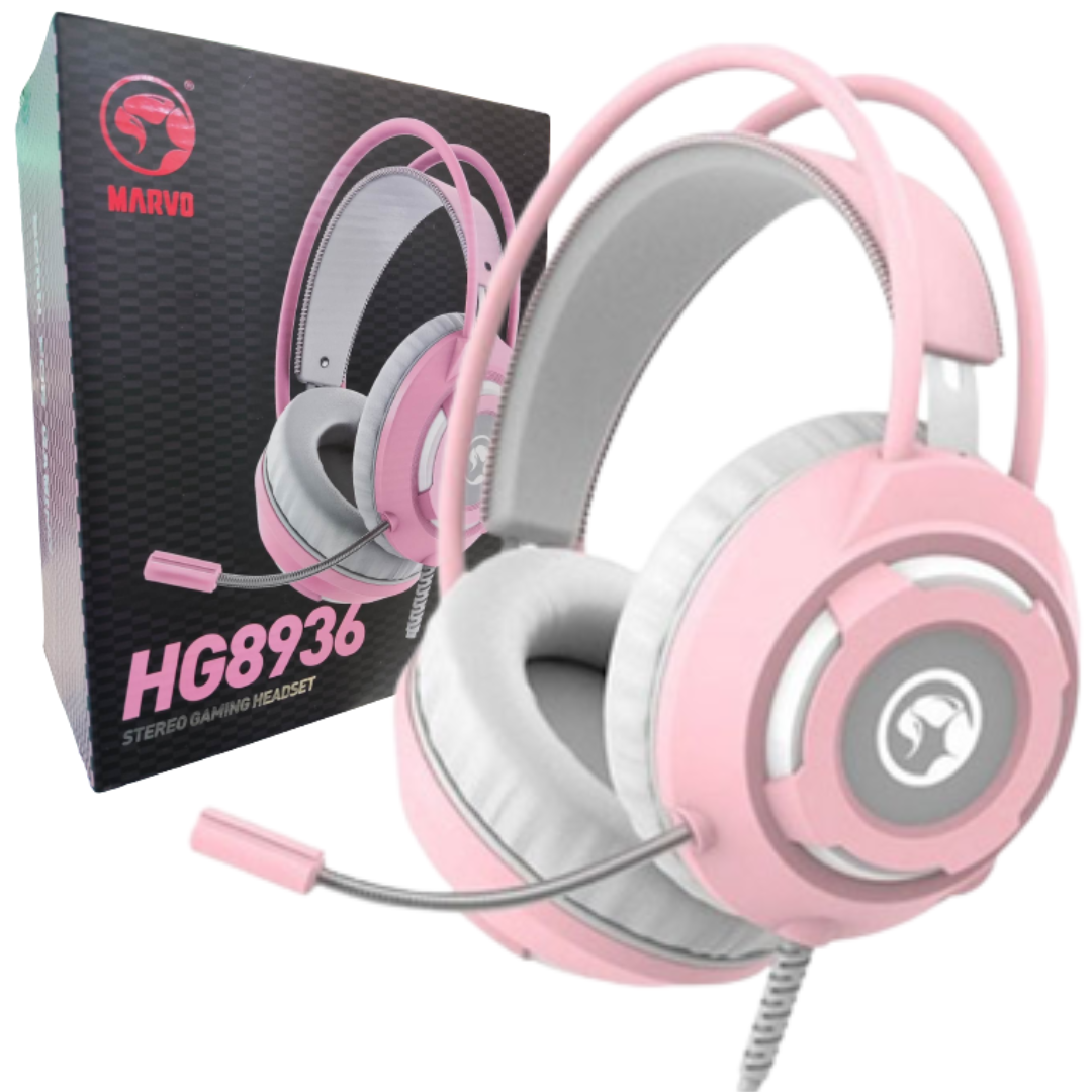 AUDIFONOS MARVO GAMING CON MICROFONO EXTERNO ALAMBRICO / 2XJACK 3.5MM + USB (LED BLANCA) / CONTROL VOLUMEN / HG8936 / PINK
