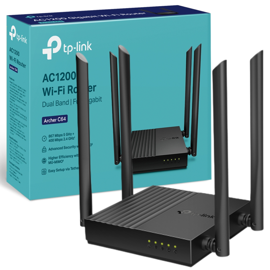 ROUTER TP-LINK ARCHER C64 GIGABIT – DUAL BAND AC1200 / 4 ANTENAS: ALTO RENDIMIENTO – WIFI 5 / BLACK