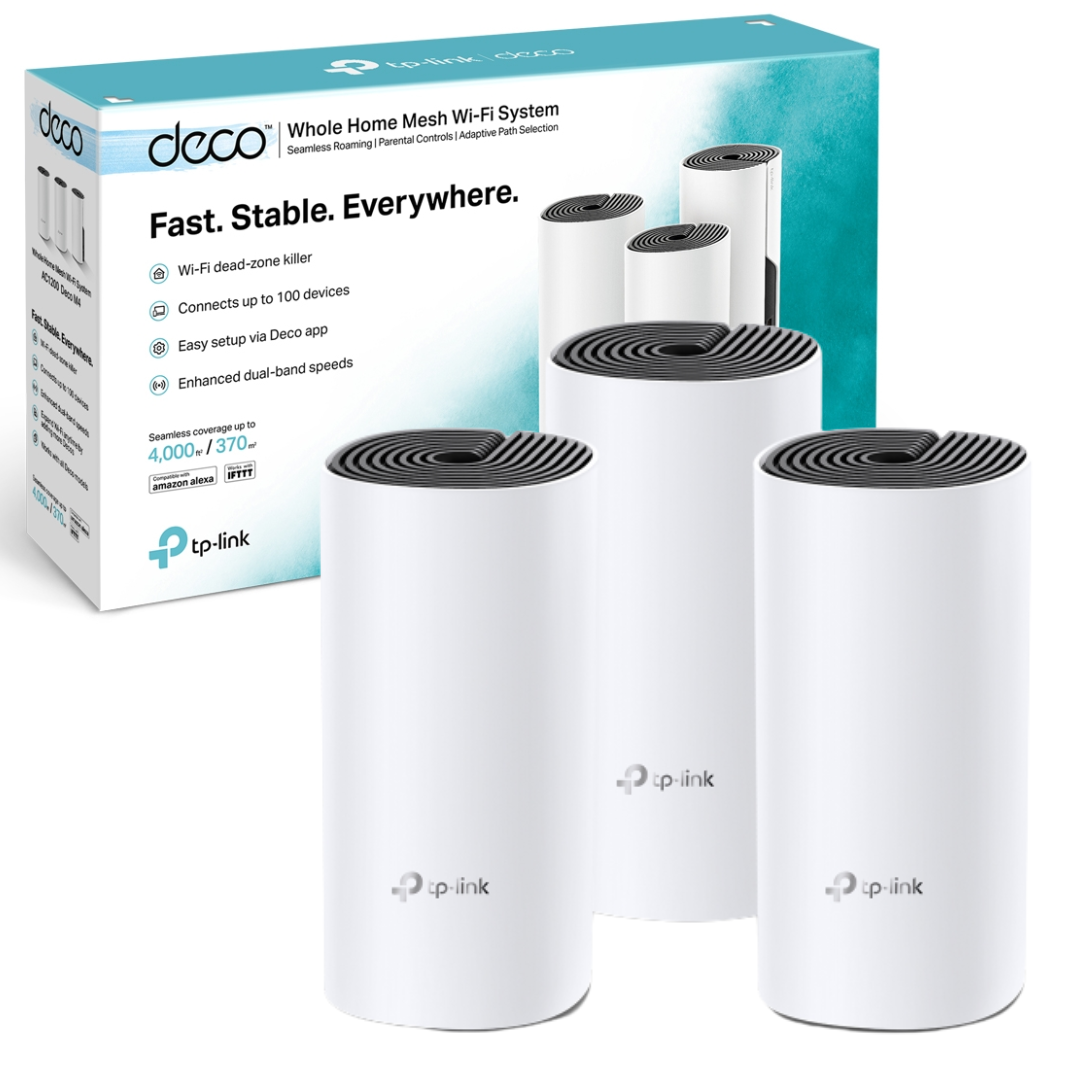 SISTEMA WIFI DECO MESH M4 – AC1200 DUAL BAND TP-LINK / 3 PACK – WIFI 5 / COBERTURA: 370 METROS CUADRADOS / COMPATIBLE CON ALEXA / WHITE