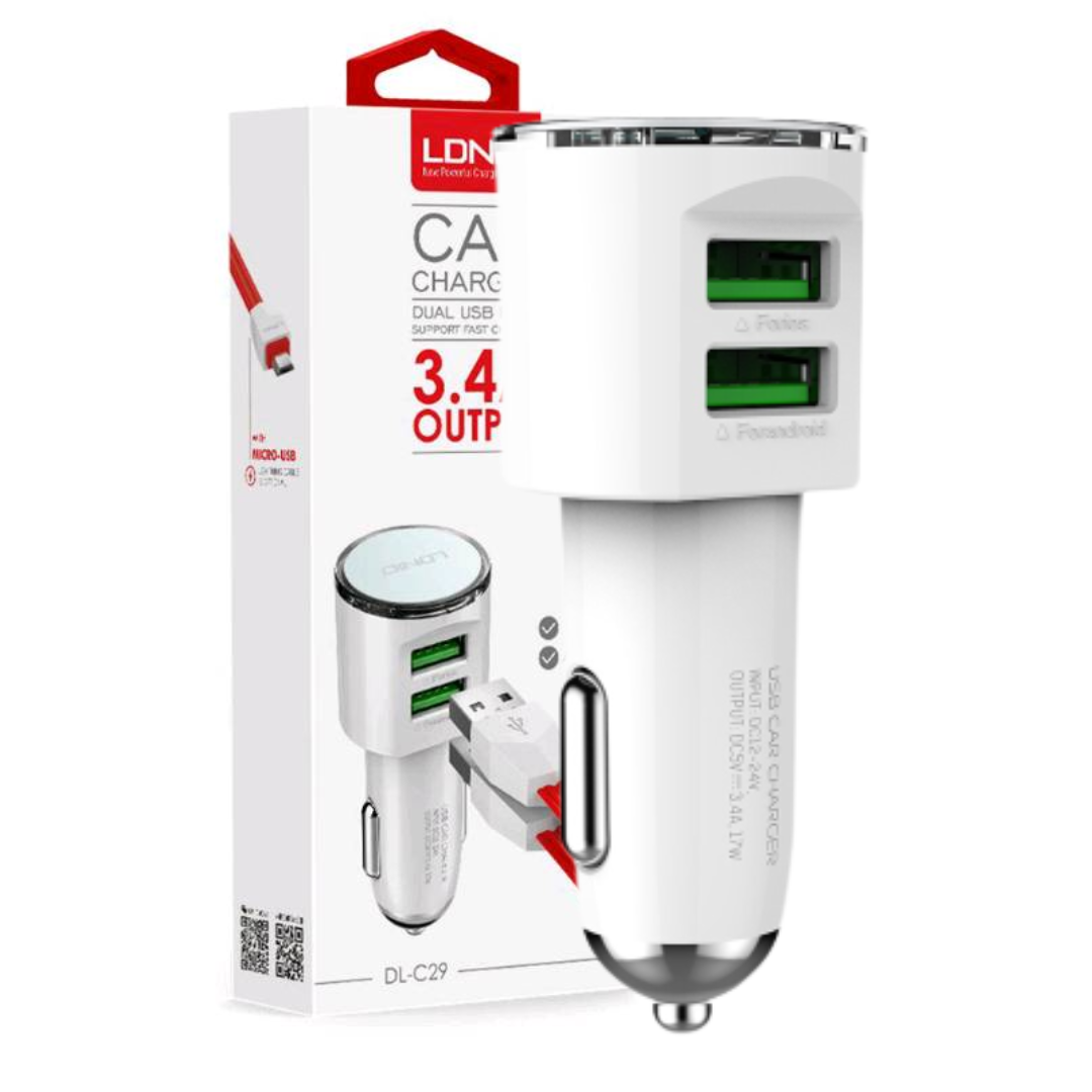 CARGADOR DE AUTO PARA CELULAR LDNIO / DUAL PORT 2XUSB-A – 3.4A + CABLE MICRO USB 1M / WHITE