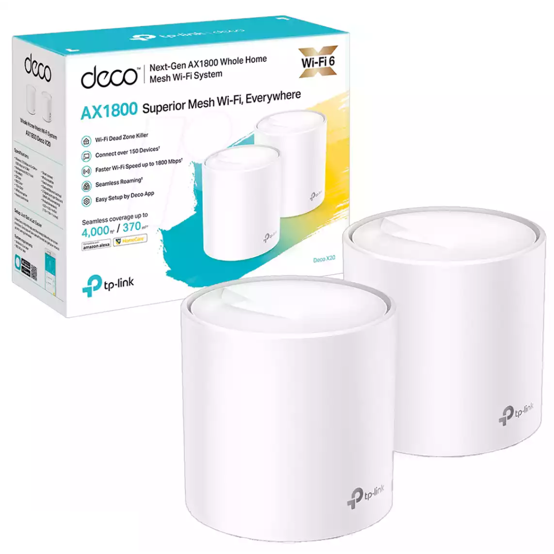 SISTEMA WIFI DECO MESH X20 – AX1800 DUAL BAND TP-LINK / 2 PACK – WIFI 6 / COBERTURA: 370M CUADRADOS / COMPATIBLE CON ALEXA / WHITE