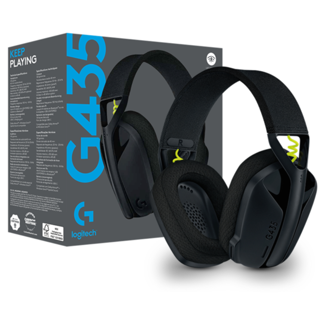 AUDIFONOS GAMING LOGITECH G435 BLUETOOTH / DURACION: 18 HORAS / CANCELACION DE RUIDO-MUTE-CONTROL DE VOLUMEN / BLACK