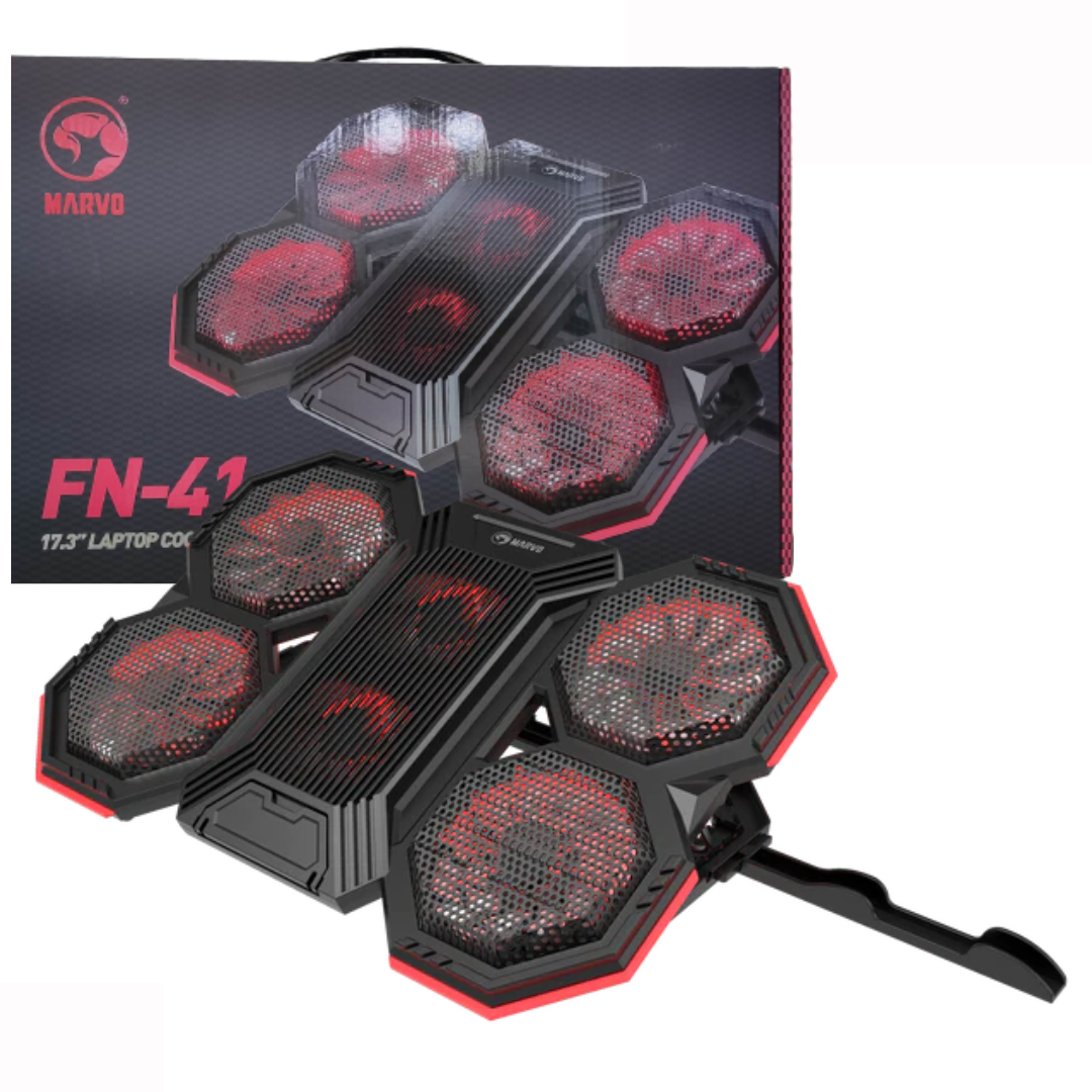 BASE DE ENFRIAMIENTO MARVO + SOPORTE DE CELULAR / 17.3″ / 6 VENTILADORES CON LUZ LED ROJA / 2 PUERTOS USB 2.0 / FN-41 / BLACK