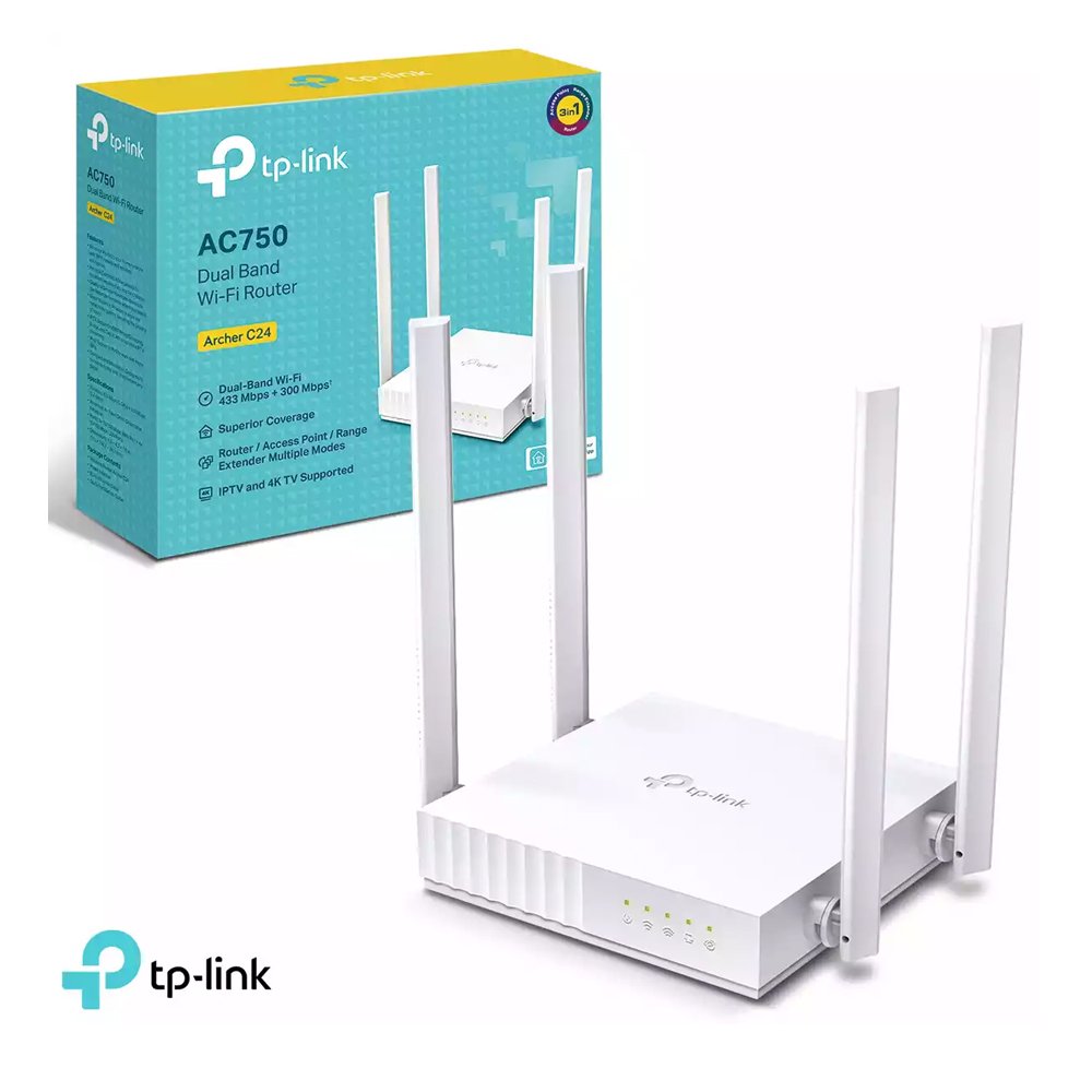 ROUTER TP-LINK ARCHER C24 – DUAL BAND AC750 / 4 ANTENAS: ALTO RENDIMIENTO – WIFI 5 / LAN 10-100MBPS / MULTIMODO: EXTENSOR – PUNTO DE ACCESO / WHITE