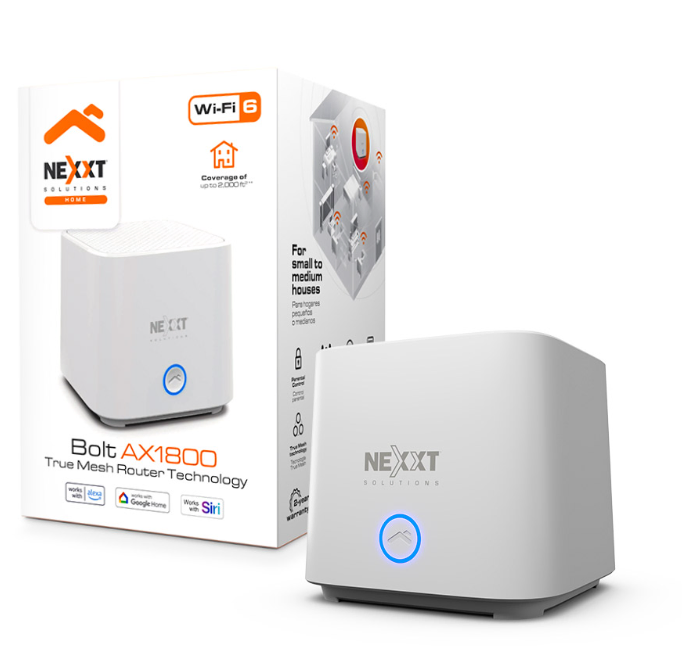 SISTEMA WIFI NEXXT BOLT AX1800 / 1 PACK – WIFI 6 / COBERTURA: 185M CUADRADOS + SISTEMA MESH / COMPATIBLE CON ALEXA – GOOGLE – SIRI / WHITE