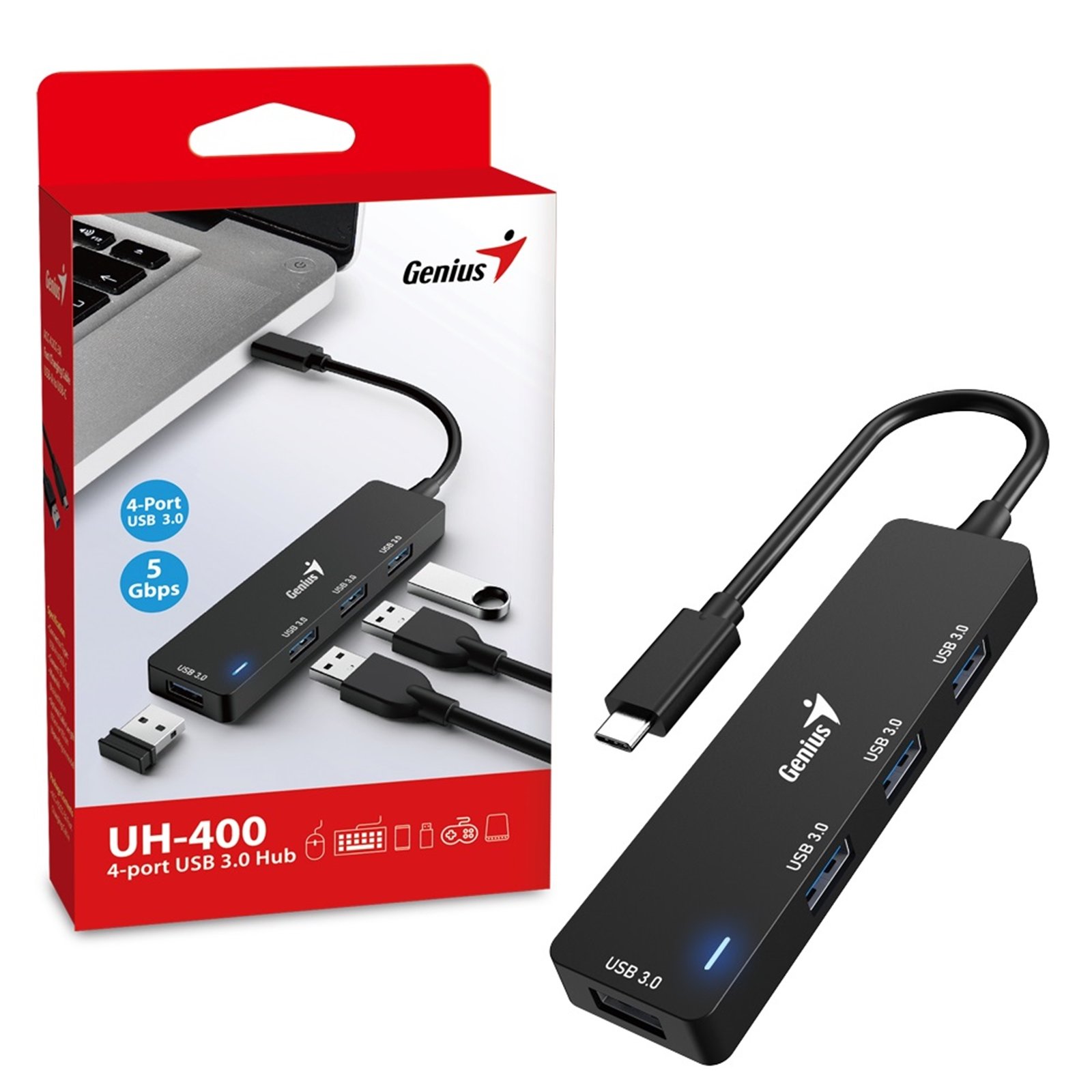 HUB GENIUS UH-400 USB TIPO C-A/ 4 PUERTOS USB A3.0/ BLACK