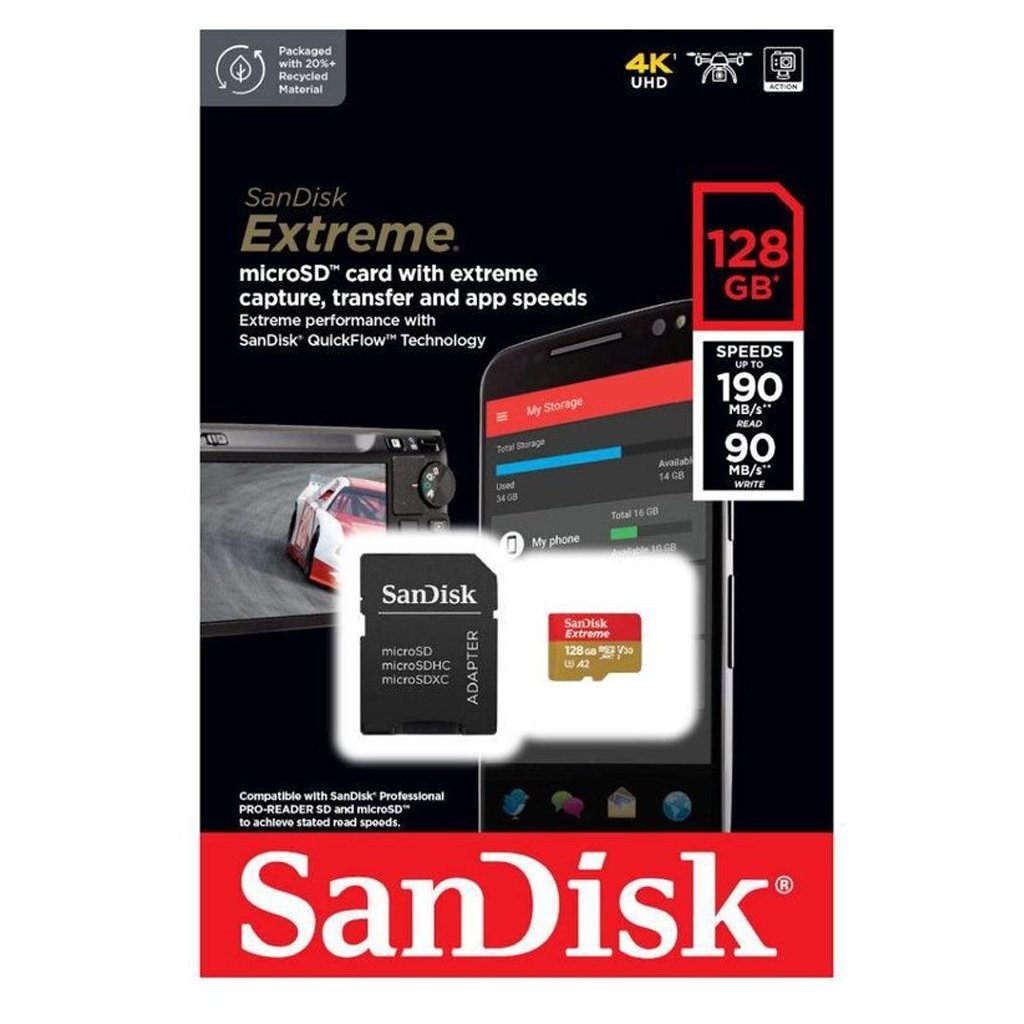 MicroSD Sandisk Extreme 128GB / Lectura hasta190Mbps / Clase 10