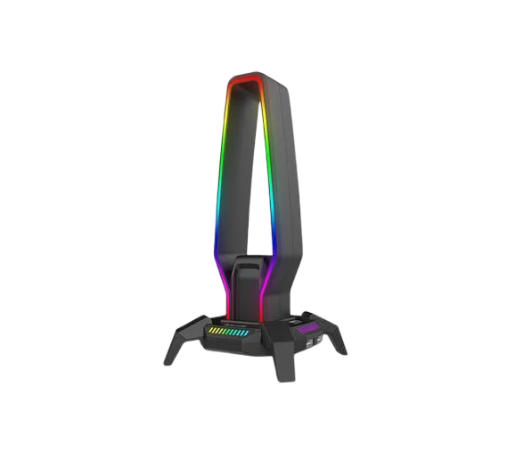 SOPORTE PARA AUDIFONOS MARVO HZ-10 RGB 10 MODOS DINAMICO, HUB 4 PUERTOS (3 USB-A + 1 USB-C) AUDIO JACK 3.5MM / CABLE 1M NEGRO