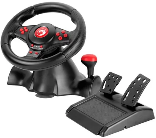 VOLANTE CON PEDAL DE JUEGOS MARVO GT-903 / GIRO DE 180° / BOTONES DE ACCION PRECISOS / ONTERFAZ: USB / COMPATIBLE: PS4, PS3, XBOX One, XBOX 360, Switch, Android y PC D-INPIJT/PC X-INPUT