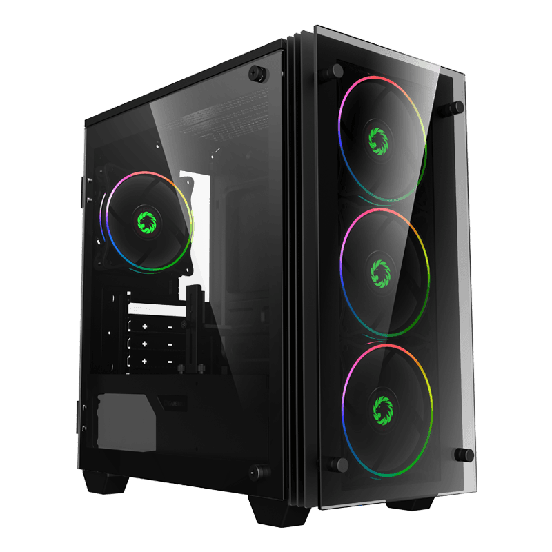 CASE GAMING GAMEMAX MINI STRATOS H609 / PANEL LATERAL DE VIDRIO TEMPLADO / 4 VENTILADORES DE ARCO IRIS DOBLE ANILLO / BLACK