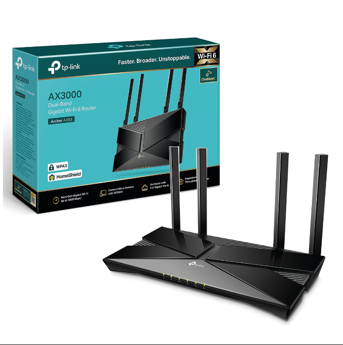 ROUTER TP-LINK ARCHER AX3000 GIGABIT – DUAL BAND AX53 / 4 ANTENAS: ALTO RENDIMIENTO – WIFI 6 + SISTEMA ONE MESH / COMPATIBLE CON ALEXA / BLACK