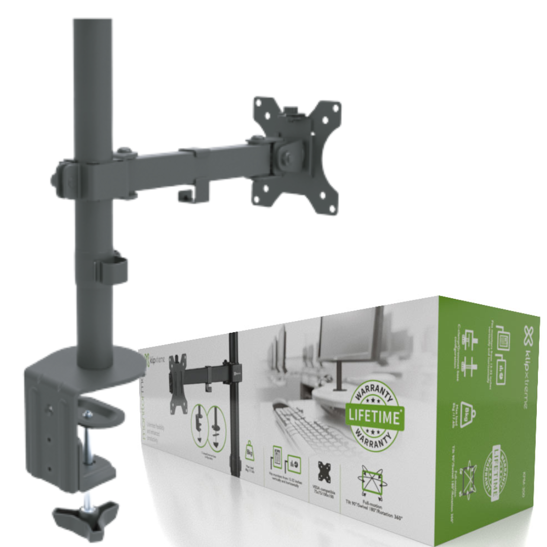 SOPORTE MONITOR KLIP XTREME PARA 13″ A 32″ / UN BRAZO / BASE CONFIGURABLE CON TORNILLO EN C / KPM-300 / BLACK