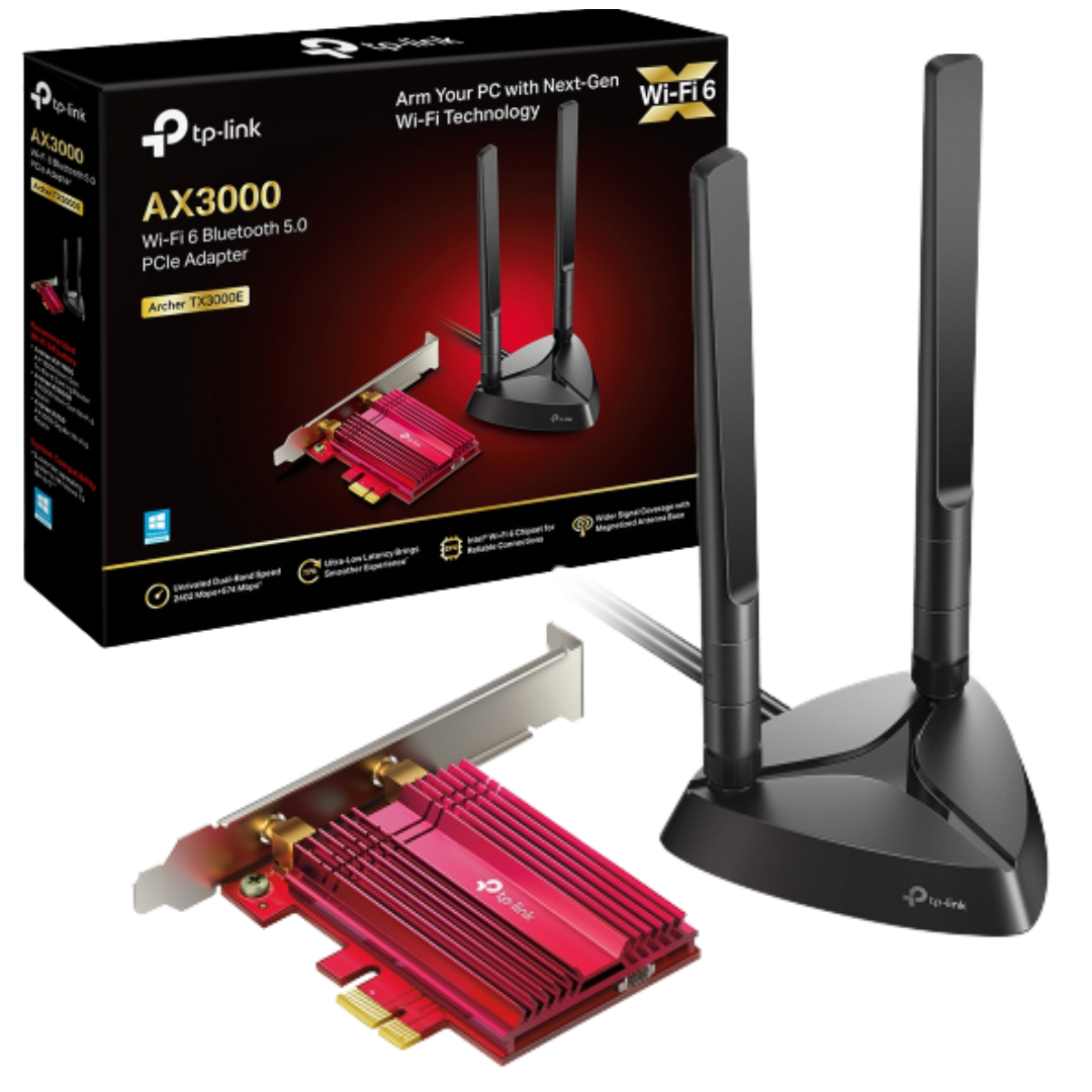 TARJETA DE RED INTERNA PCI-E AX3000 – ARCHER TX3000E CON DOS ANTENAS EXTERNAS TP-LINK / WI-FI 6 + BLUETOOTH V5.0 / DUAL BAND / BLACK