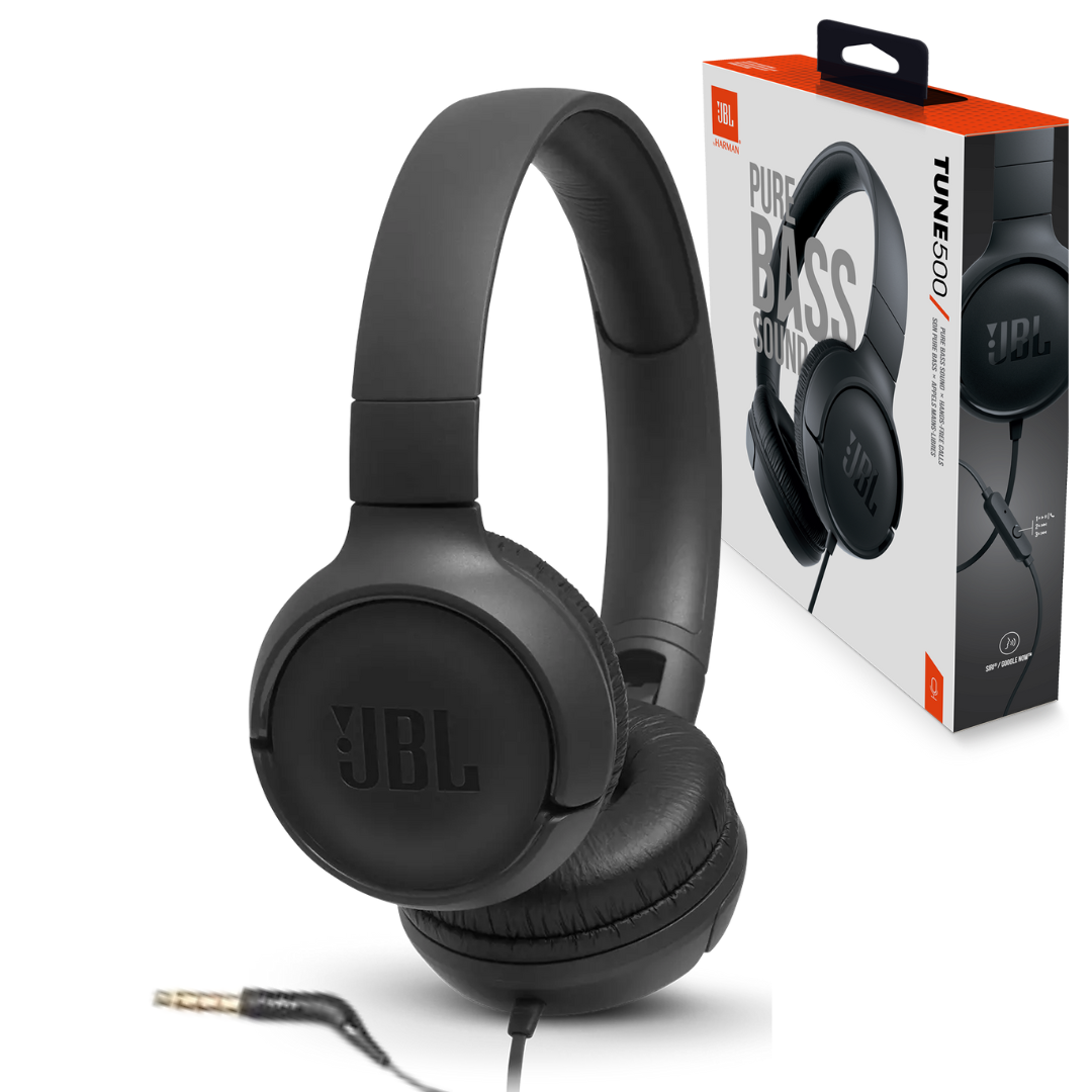 AUDIFONOS JBL TUNE 500 ALAMBRICO / JACK 3.5MM / DISEÑO PLEGABLE Y GIRATORIO / CAPSULA DE MANDO EN LINEA / BLACK