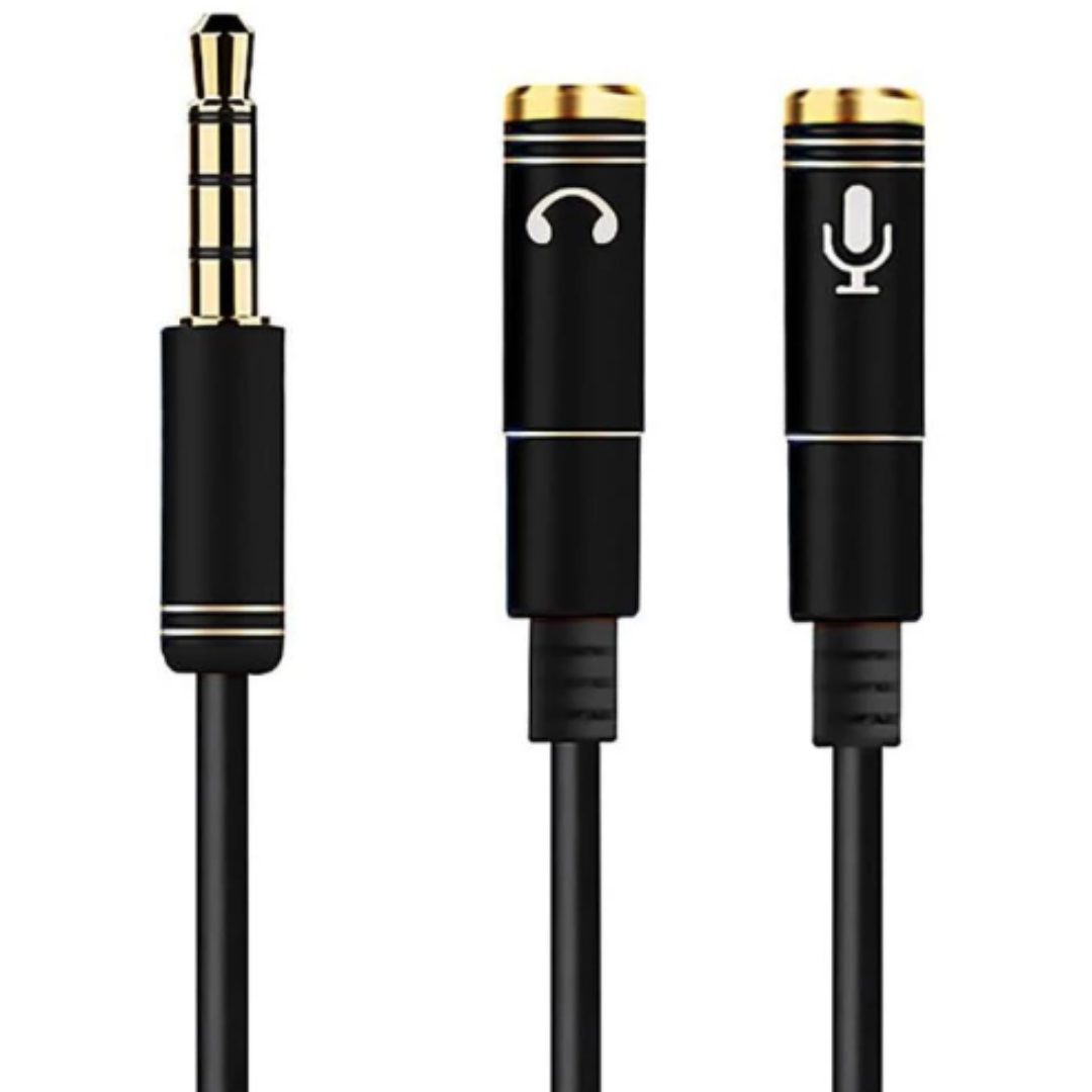 CABLE/ADAPTADOR DE AUDIO Y MICROFONO JACK 3.5 MACHO A DOBLE JACK 3.5MM HEMBRA / 30CM / BLACK