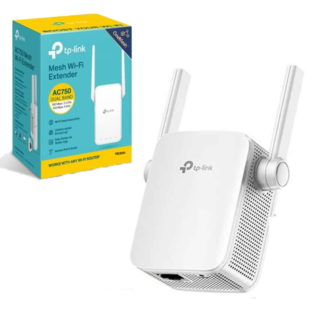 EXTENSOR DE RANGO WIFI AC750 – RE205 CON DOS ANTENAS EXTERNAS TP-LINK / DUAL BAND / TECNOLOGIA ONE MESH / WHITE