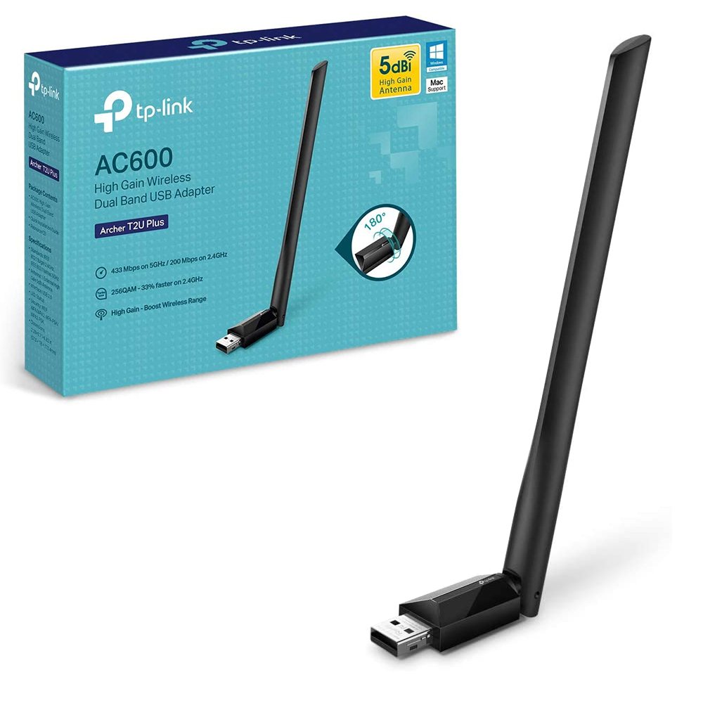 ADAPTADOR DE RED WIFI AC600 – ARCHER T2U PLUS CON UNA ANTENA EXTERNA TP-LINK / DUAL BAND / BLACK