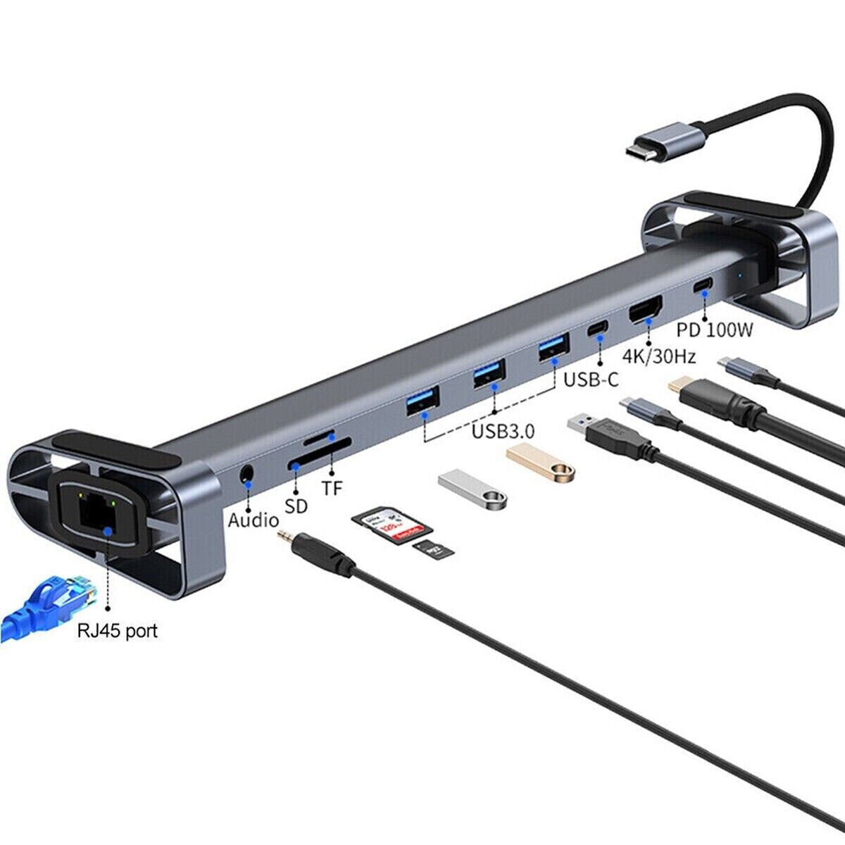 HUB USB TIPO C MODELO 2212/ 10 PUERTOS/ HDM*1- USB 3.0*3 – RJ45*1 – USB C*1 / TARJETA SD*1/ MICRO SD*1/ AUDIO