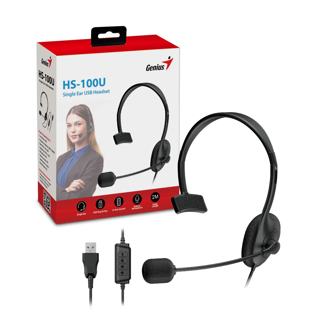 AUDIFONOS GENIUS HS-100U MONO CON MICRÓFONO USB / CONTROL DE VOLUMEN-MUTE / BLACK