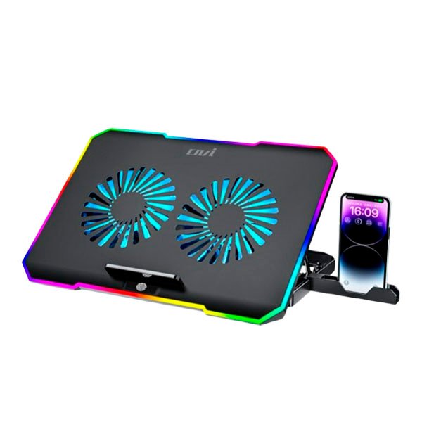 BASE DE ENFRIAMIENTO OVI FN60 / RGB / 2 VENTILADORES/ SOPORTE PARA CELULAR / BLACK