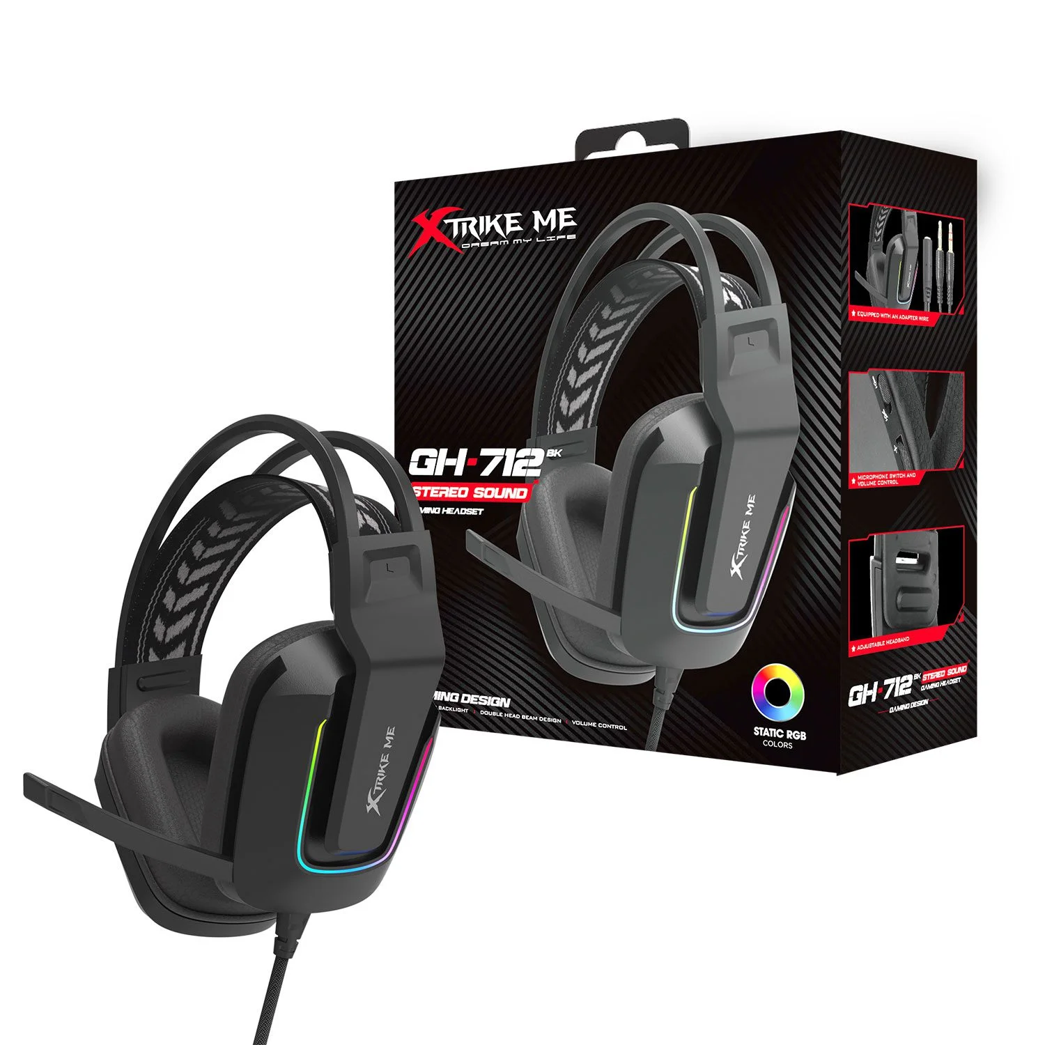 AUDIFONOS GAMING XTRIKE ME CON MICROFONO EXTERNO ALAMBRICO / JACK 3.5MM + USB (LED RGB) / CONTROL VOLUMEN / GH-712 / BLACK