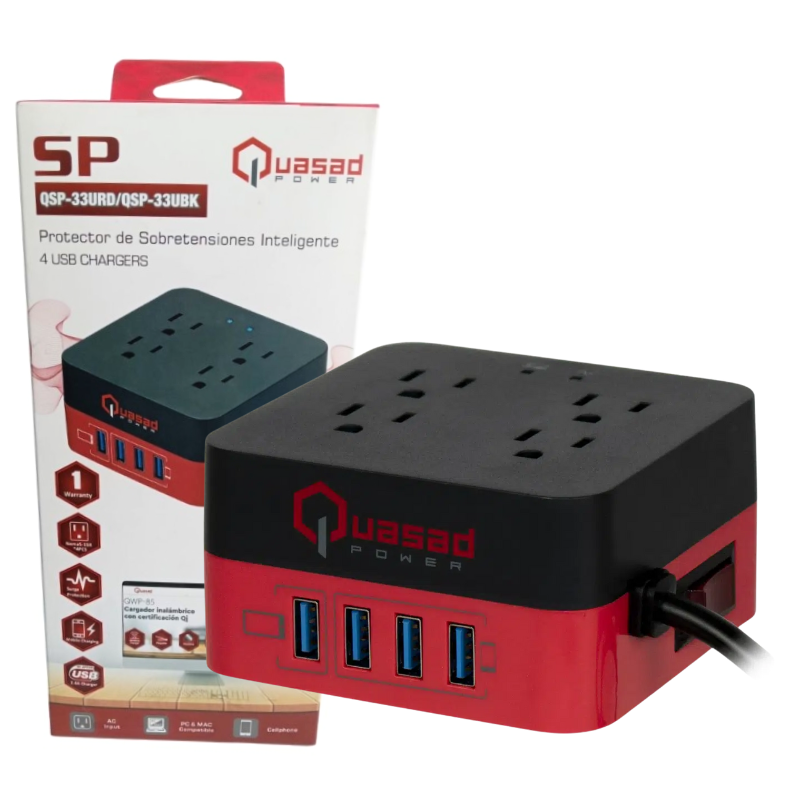 PROTECTOR DE VOLTAJE QUASAD 4 TOMAS 4USB 3.0 CARGA /QSP-33UBK/ 10A