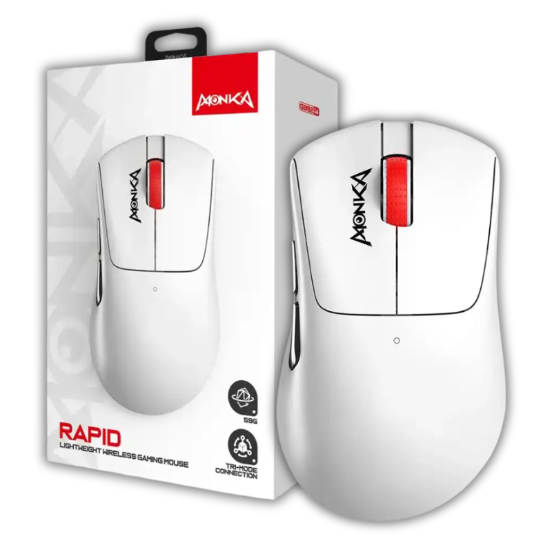 MOUSE INALAMBRICO MONKA RAPID G982W / TRI-MODE BT5.1 & 2.4G & CABLE / 12000DPI MAX / 1000HZ / 6 BOTONES / WHITE
