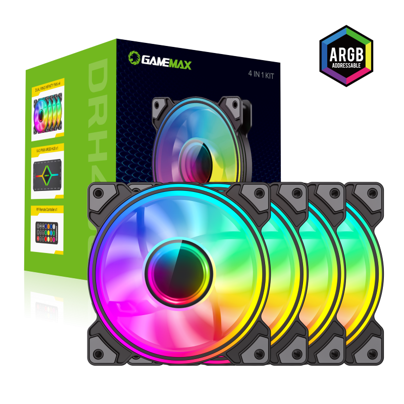 KIT DE 4 VENTILADORES Y HUB GAMEMAX DRH400 / ARGB / V4.0 PWM ARGB HUB /12CM FAN / BLACK
