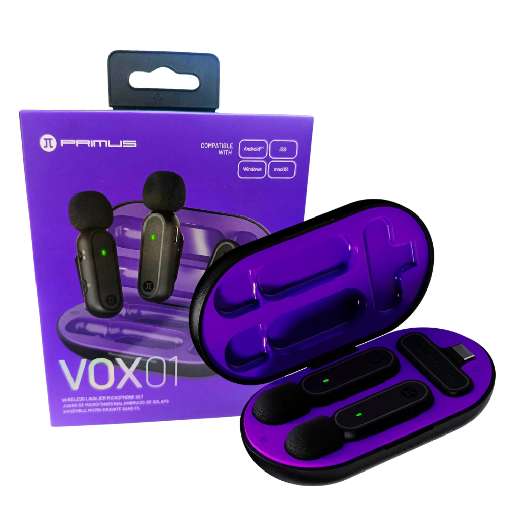 MICROFONO INALAMBRICO DUAL PRIMUS VOX01 / USB-C / 20M / SUSPENSION DE RUIDO / 16H / BLACK