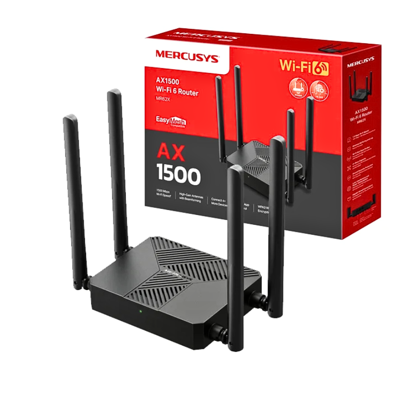 ROUTER MERCUSYS AX1500 GIGABIT – DUAL BAND MR62X / 4 ANTENAS: 5dBi – WFI 6 / COMPATIBLE CON EASY MESH / BLACK