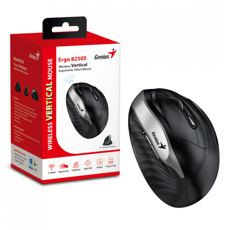 MOUSE GENIUS 8250S INALAMBRICO / VERTICAL + ERGONOMICO / 1600DPI / 6 BOTONES / BLACK