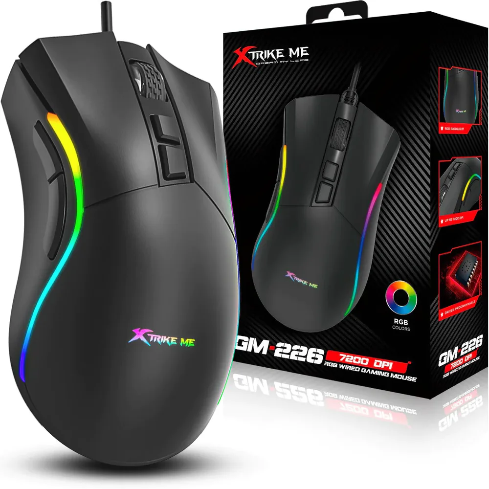 MOUSE GAMING XTRIKE-ME / GM-226 / RGB / 7 BOTONES / 7200DPI / USB / BLACK