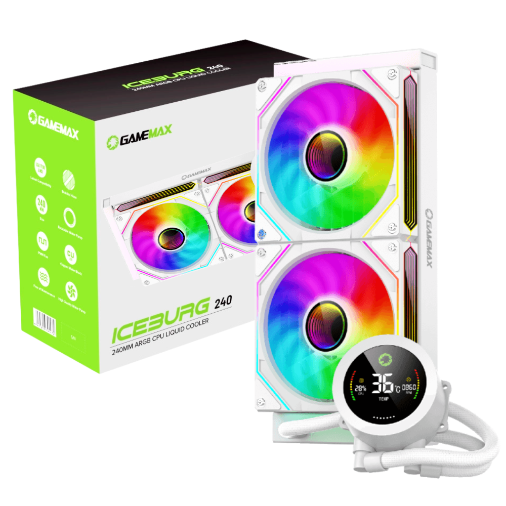 REFRIGERACION LIQUIDA GAMEMAX ICEBURG 240 DIGITAL WH / INTEL AMD / INDICADOR DE TEMPERATURA / ARGB / 2 VENTILADORES 12CM / WHITE