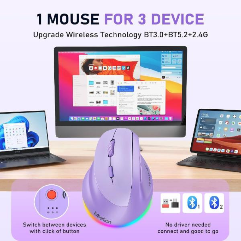 MOUSE ERGONOMICO MEETION BTM010R /2400 DPI / MORADO / RECARGABLE/BT-WIFI - Imagen 4