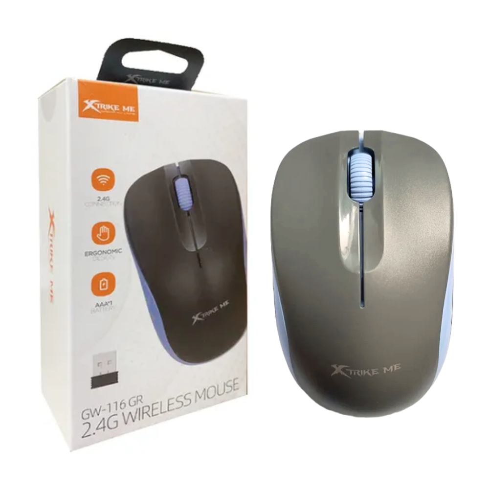 MOUSE INALAMBRICO XTRIKE ME GW-116GR GRIS 3 BOTONES 1000DPI PILA AAA