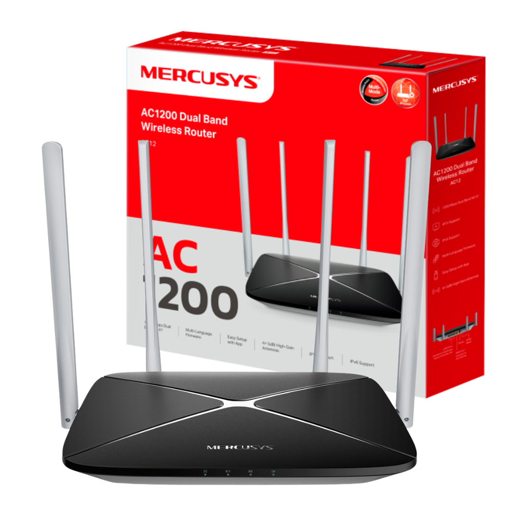 ROUTER INALAMBRICO AC1200 MERCUSYS / AC12 / DUAL BAND / 4 ANTENAS / IPV6 / BLACK