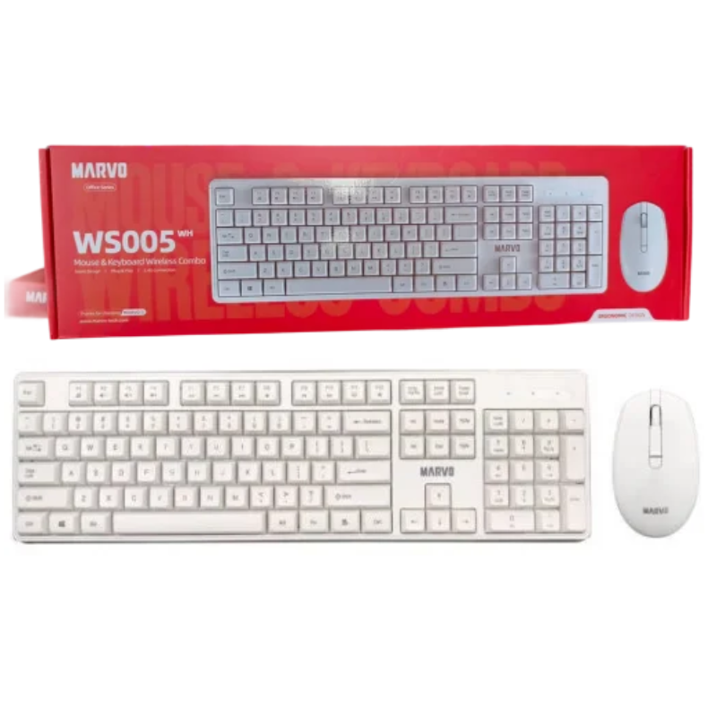 COMBO TECLADO Y MOUSE INALAMBRICO MARVO WS005 / ERGONOMICO / 2.4G / SILENCIOSO / WHITE