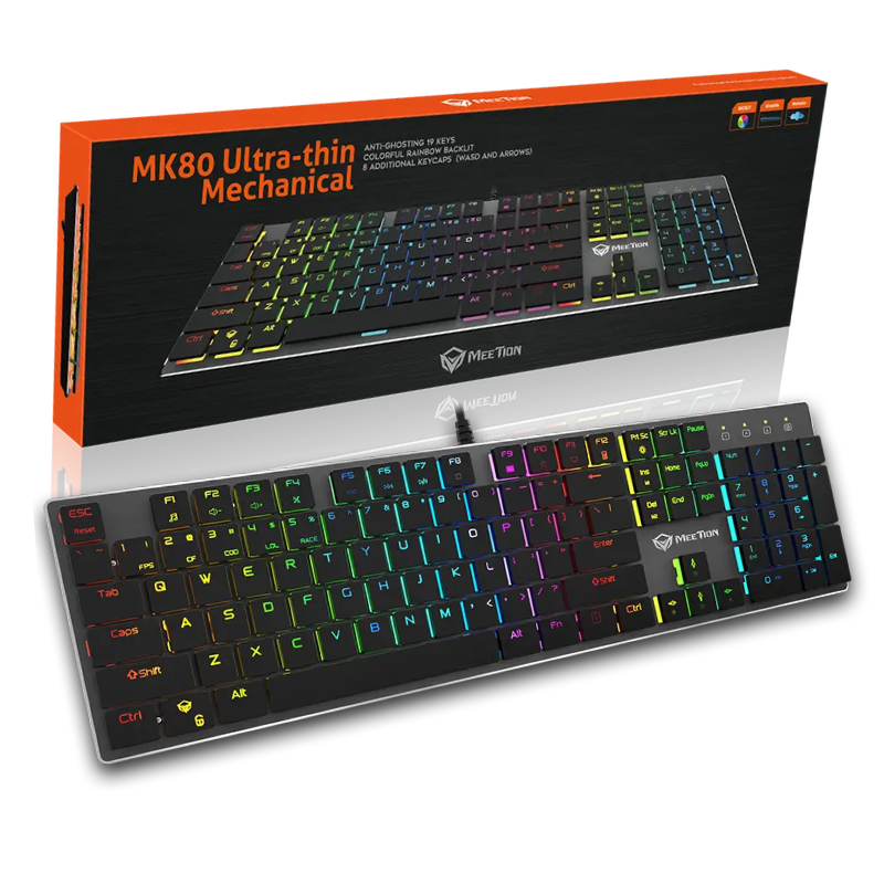 TECLADO ALAMBRICO GAMER MEETION MK80 / MECANICO / SWITCHES BLUE / ULTRA THIN KEYCAPS / RGB / BLACK