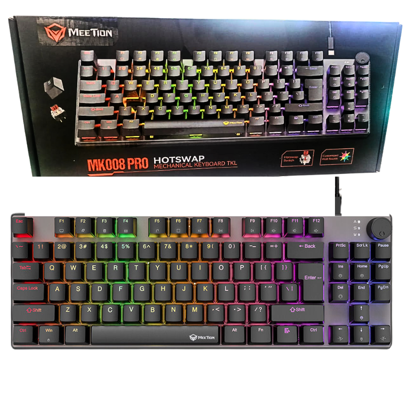 TECLADO ALAMBRICO GAMER MEETION / MK008 PRO / MECANICO / HOTSWAP SWITCHES CAFE / RETROILUMINACION RGB / FORMATO TKL / BLACK