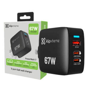ADAPTADOR DE CORRIENTE KLIP XTREME POWER WALL 67 67W E PUERTOS USB-C X 2 Y USB-A X 1